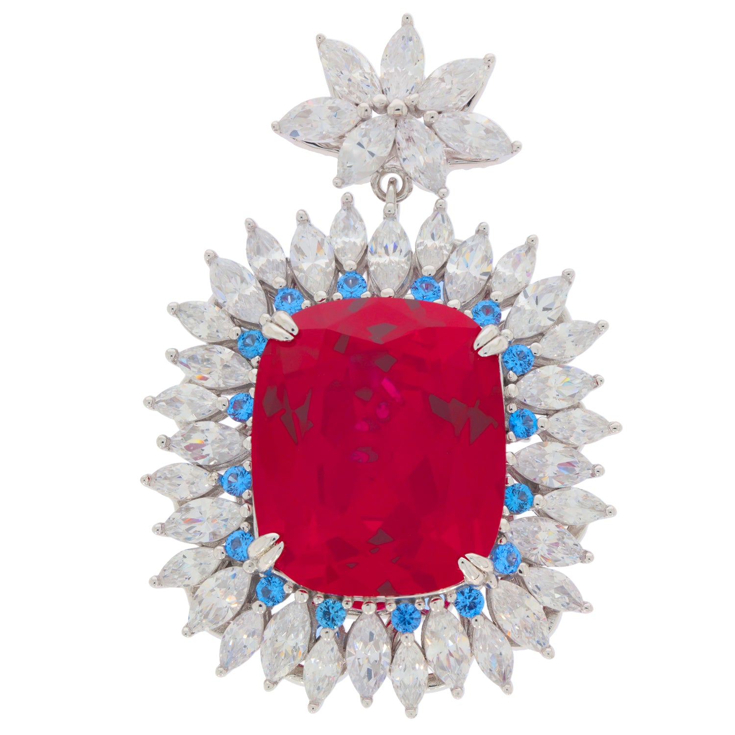 Red ruby pendant earring with sparkling diamonds and blue accents, set in sterling silver, showcasing elegance and luxury.