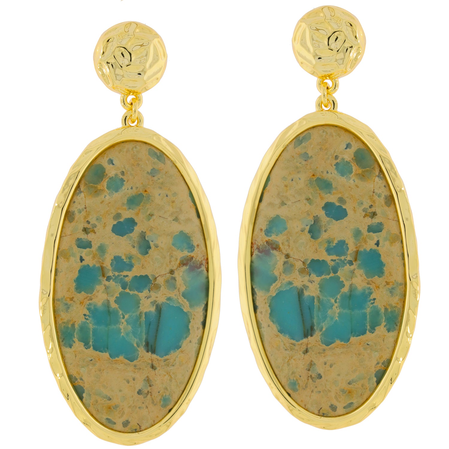 Elegant oval blue turquoise earrings in sterling silver with gold accents, perfect for adding sophistication to any outfit.