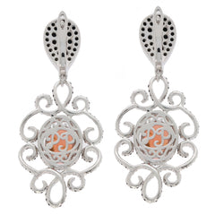 Oval pink Quartz Sterling Silver Earrings with Spinel accent, featuring intricate silver filigree design.
