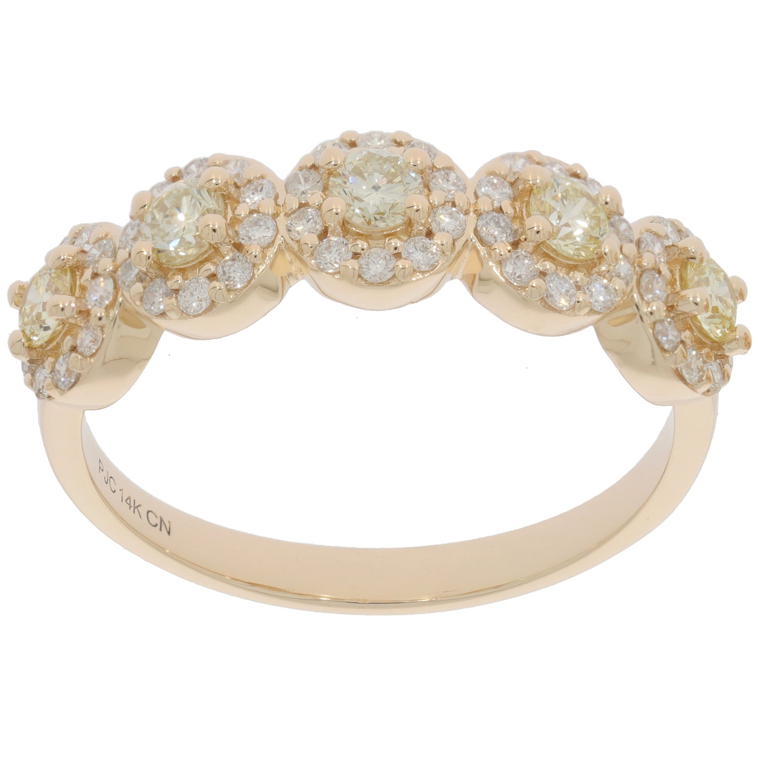 14K yellow gold ring featuring round green diamonds and accent white gemstones, perfect for sophisticated elegance.