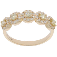14K yellow gold ring featuring round green diamonds and accent white gemstones, perfect for sophisticated elegance.