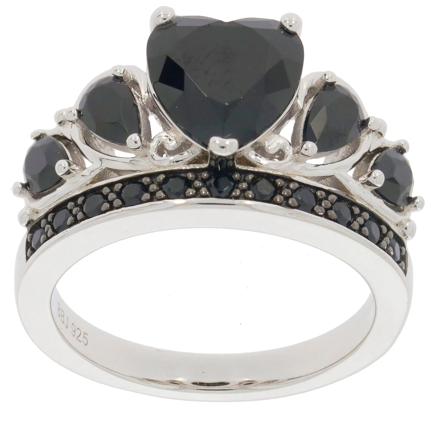Heart-shaped black spinel sterling silver ring with accent gemstones, perfect for elegant jewelry collections.