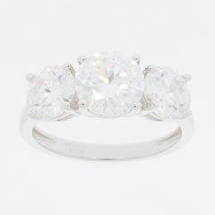 Round white Moissanite sterling silver ring with three sparkling stones for a luxurious look.