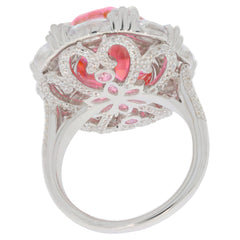 Oval Orange Sapphire Sterling Silver ring with Moissanite accents, showcasing intricate details and elegance from the back.