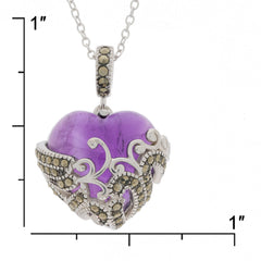 Heart-shaped purple amethyst sterling silver pendant with intricate design and gemstone accents.