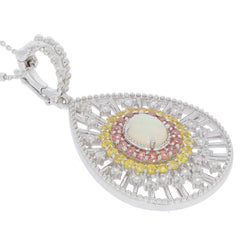 Oval white opal sterling silver pendant with colorful gemstone accents radiating elegance and luxury.