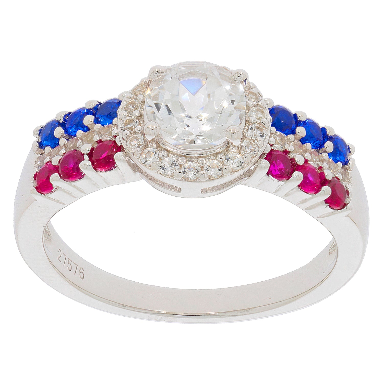 Round white Moissanite ring in sterling silver with blue and red gemstone accents for a luxurious touch.