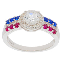 Round white Moissanite ring in sterling silver with blue and red gemstone accents for a luxurious touch.