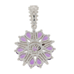 Pink Amethyst sterling silver pendant with moissanite accent, featuring a elegant floral design and sparkling gemstones.