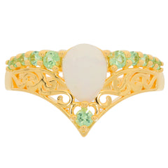 Elegant pear white opal sterling silver ring with green gemstones, showcasing a floral design. Perfect for sophisticated style.