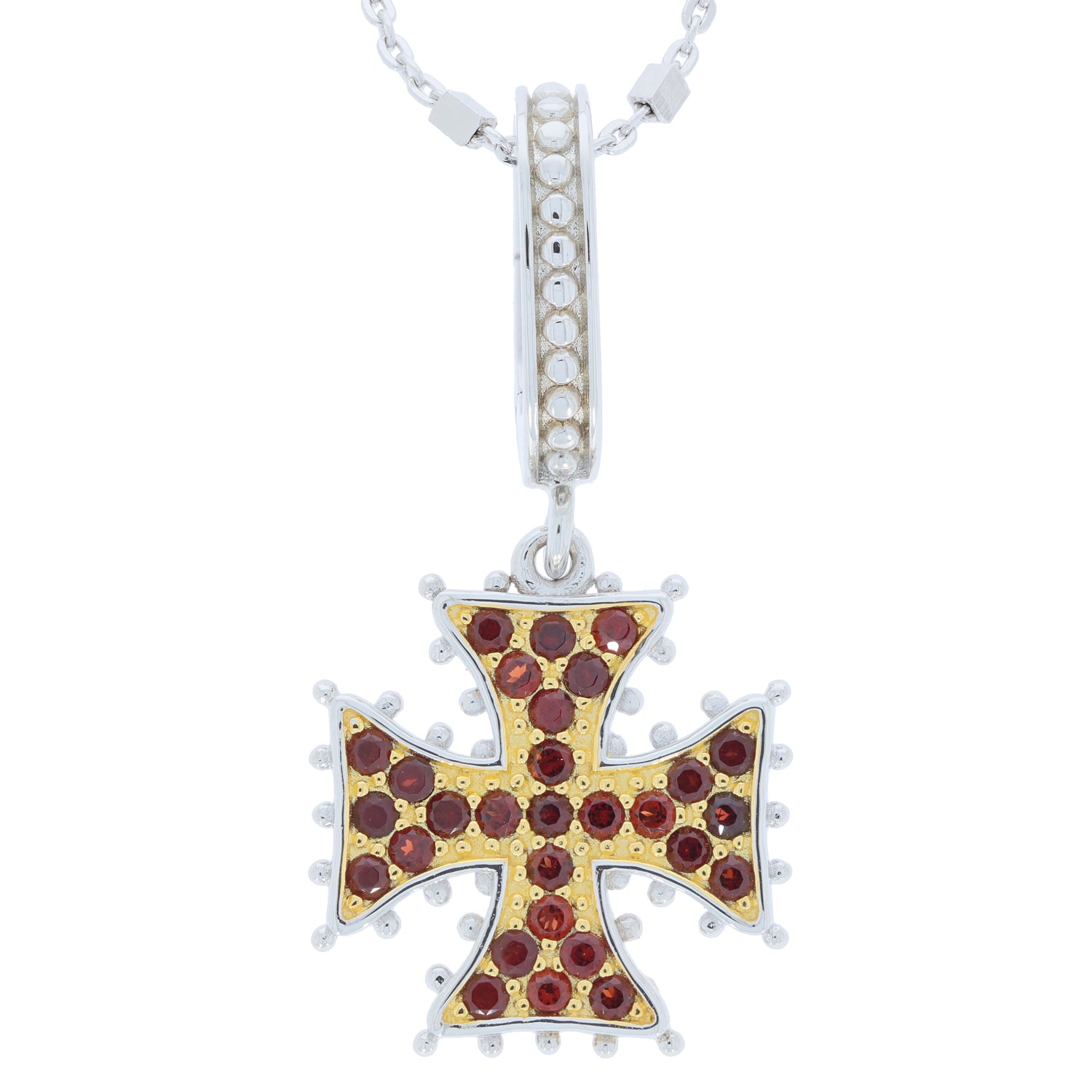 Red ruby sterling silver cross pendant with accent stones, elegant jewelry for a sophisticated style.