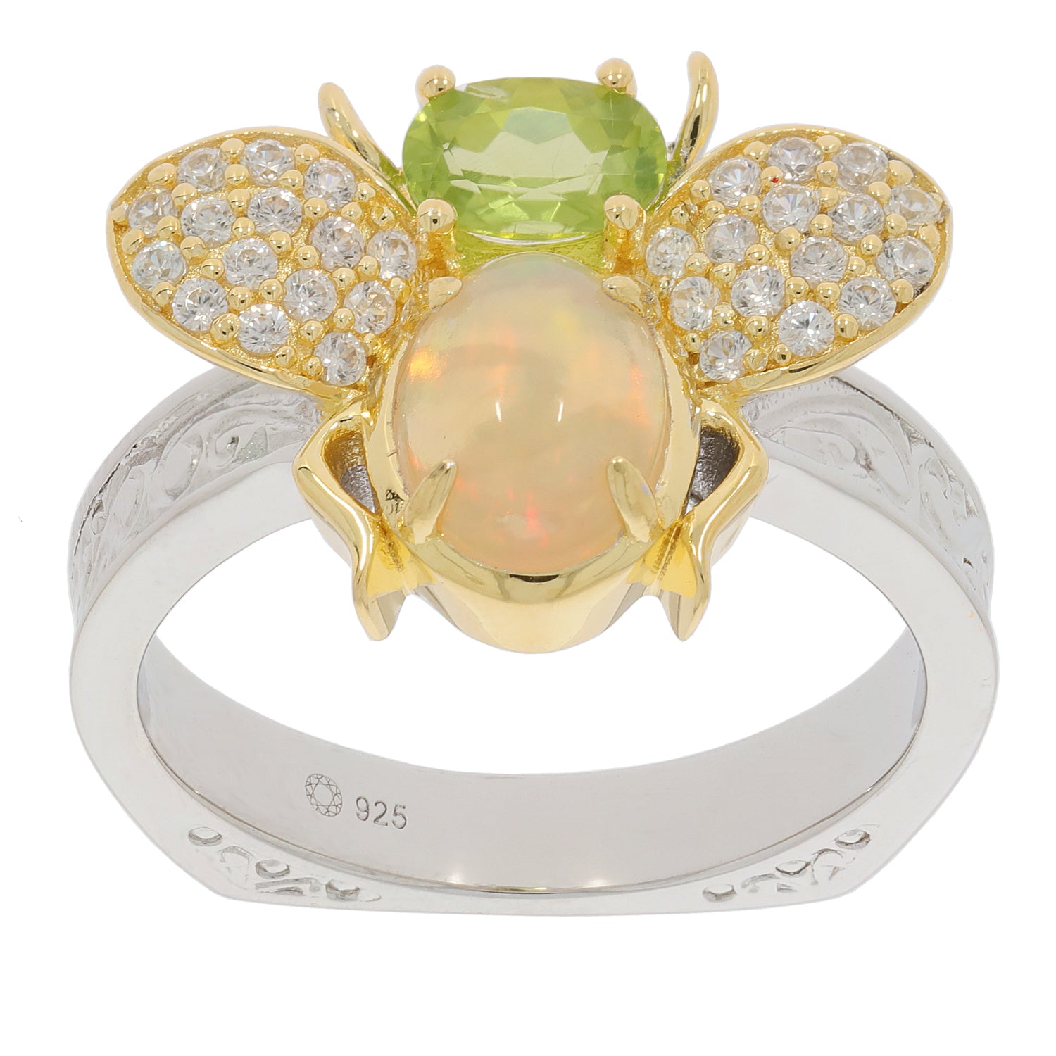 Elegant floral-inspired ring featuring green Peridot, opal, and sparkling accents in sterling silver and gold.