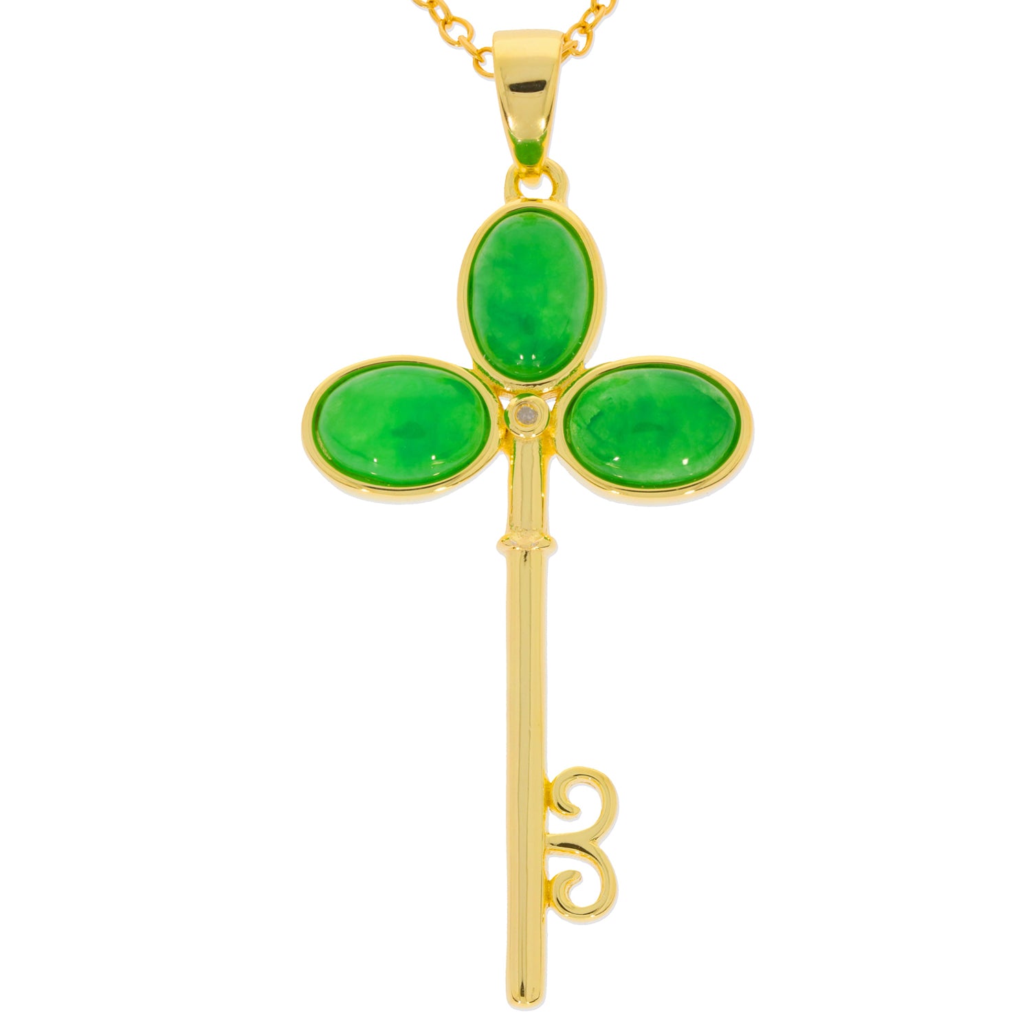 Elegant green jadeite pendant in a key design, set in gold, perfect for adding a touch of luxury to any outfit.