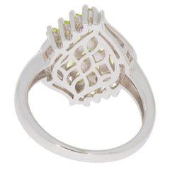 Elegant Marquise Green Peridot Sterling Silver Ring showcasing intricate design and shimmering gemstones.