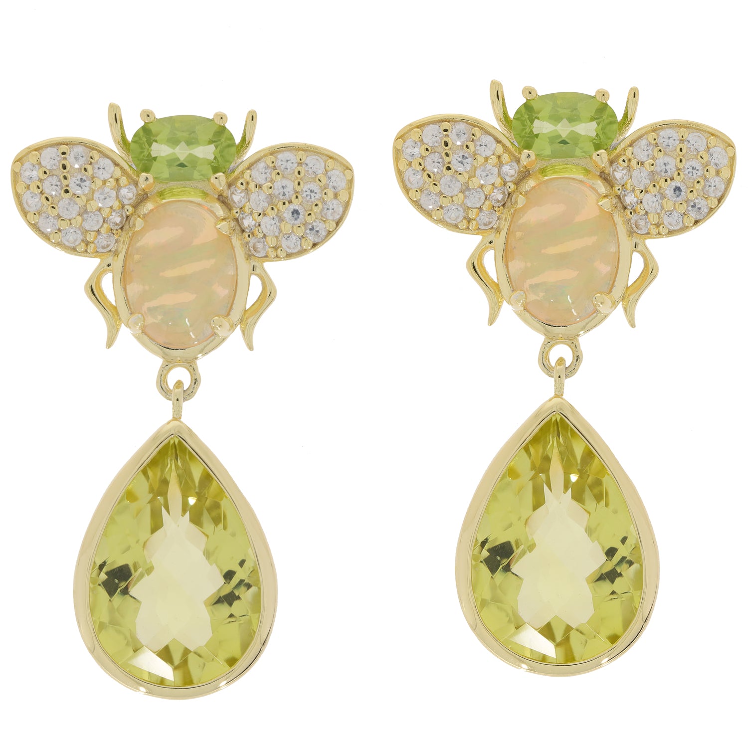 Oval green peridot earrings in a bee design featuring sparkling gemstones and a teardrop cut, crafted in sterling silver.