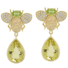Oval green peridot earrings in a bee design featuring sparkling gemstones and a teardrop cut, crafted in sterling silver.