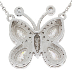 Butterfly pendant in sterling silver with sparkling Moissanite gemstones, showcasing elegant design and craftsmanship.