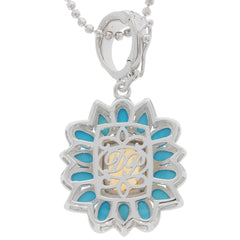 Cushion yellow citrine sterling silver pendant with turquoise accent, showcasing elegant gemstone design.