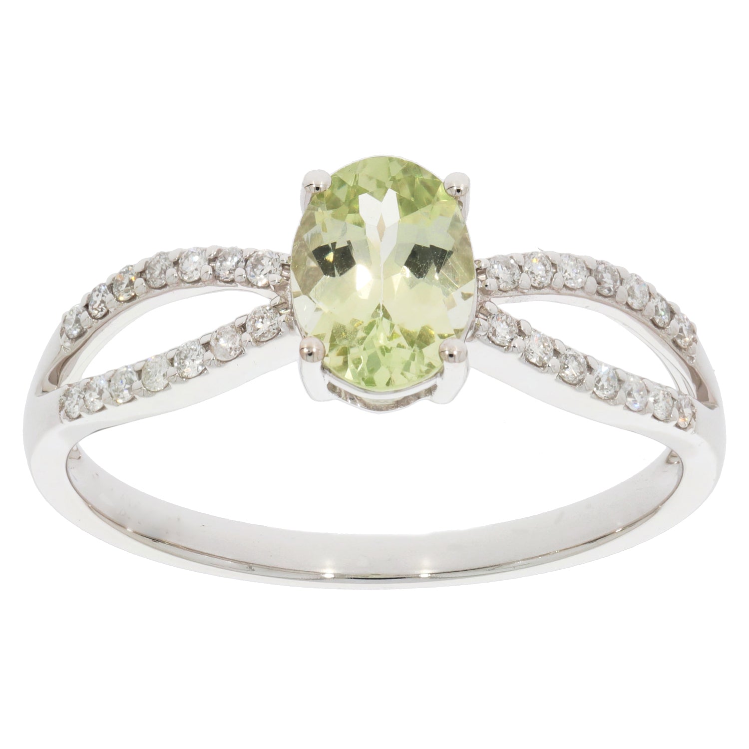 Green Peridot 14K White Gold Ring with Diamond Accent, elegant and sparkling jewelry piece.