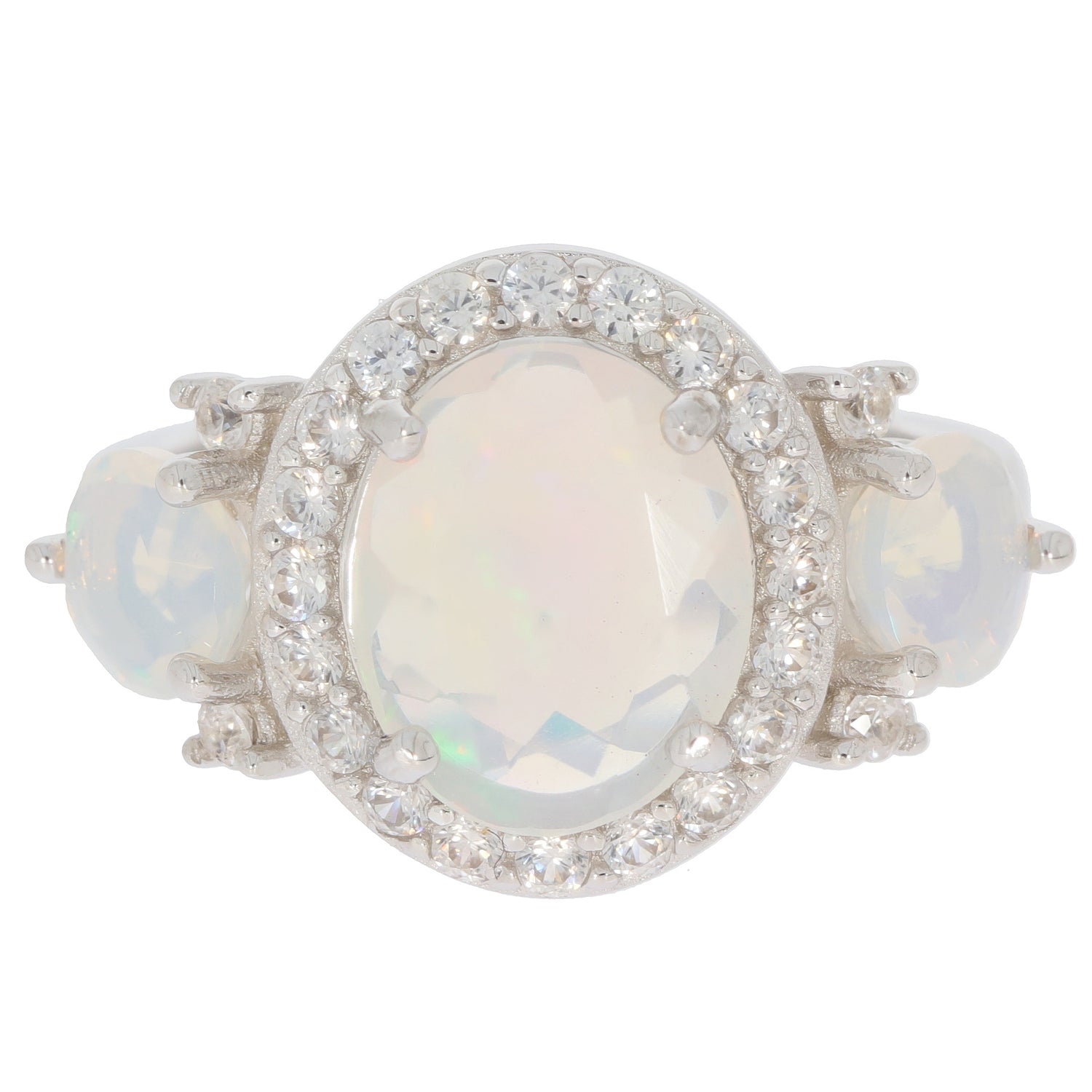 Elegant White Opal Sterling Silver Ring with sparkling gemstone accents, perfect for sophisticated style.