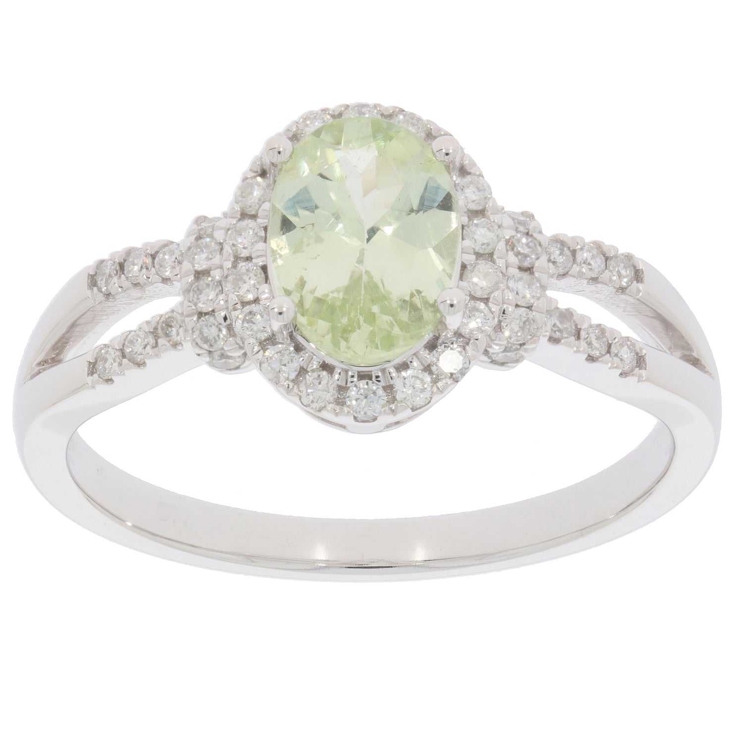 Elegant Green Peridot ring in 14K white gold, featuring a diamond accent for added sparkle.