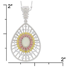 Oval white opal sterling silver pendant with colorful gemstone accents, elegant design, 2 inches in size.