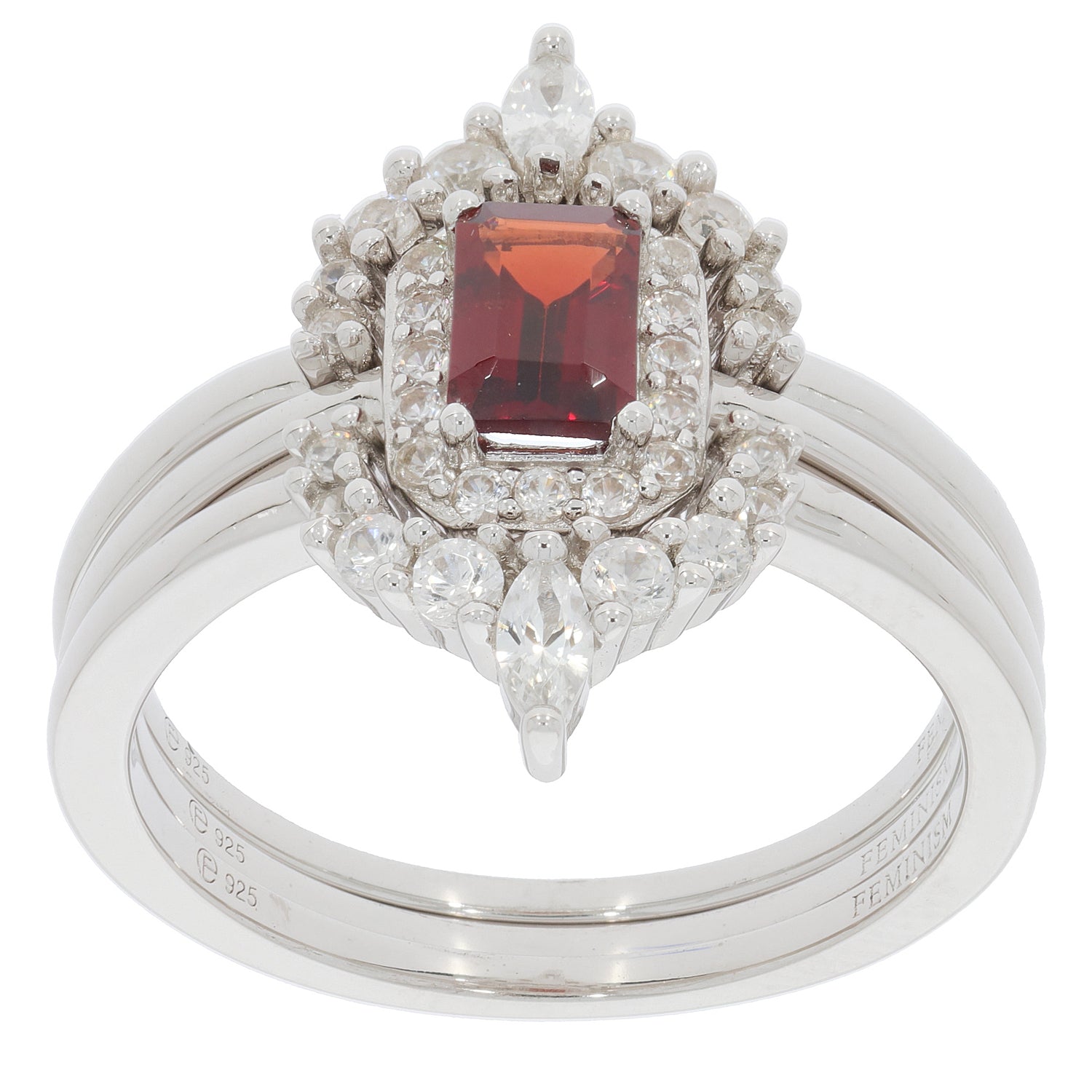 Emerald red garnet sterling silver ring with accent diamonds, showcasing elegant gemstone design and luxurious style.