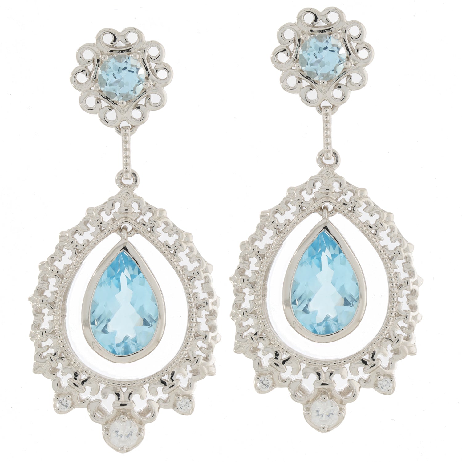Elegant pear blue topaz sterling silver earrings with intricate design and sparkling accents.