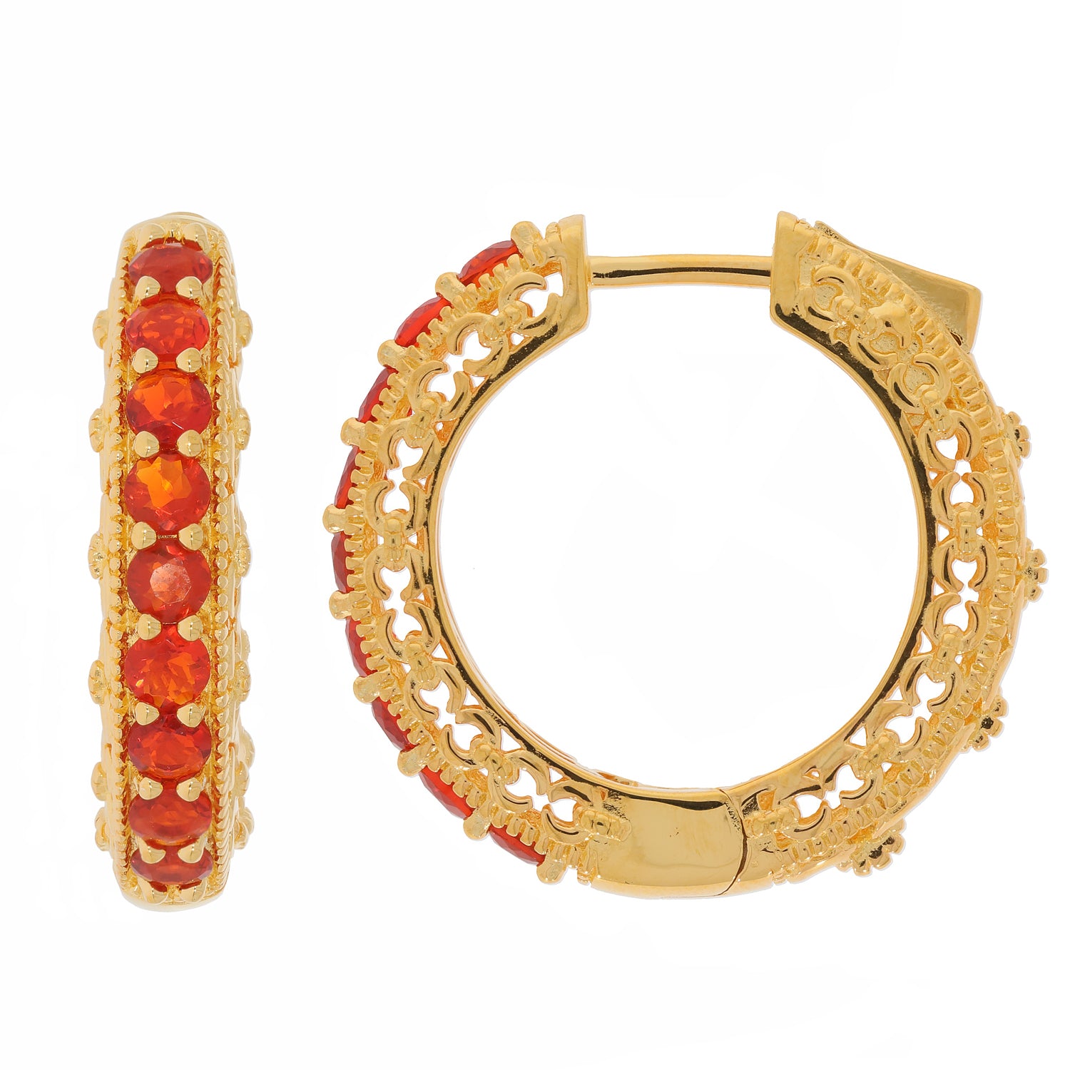 Round orange sapphire hoop earrings in gold with intricate detailing and sparkling accents.