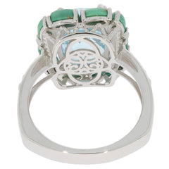 Back view of Cushion Blue Topaz Sterling Silver Ring showcasing intricate design and sparkling gemstones.