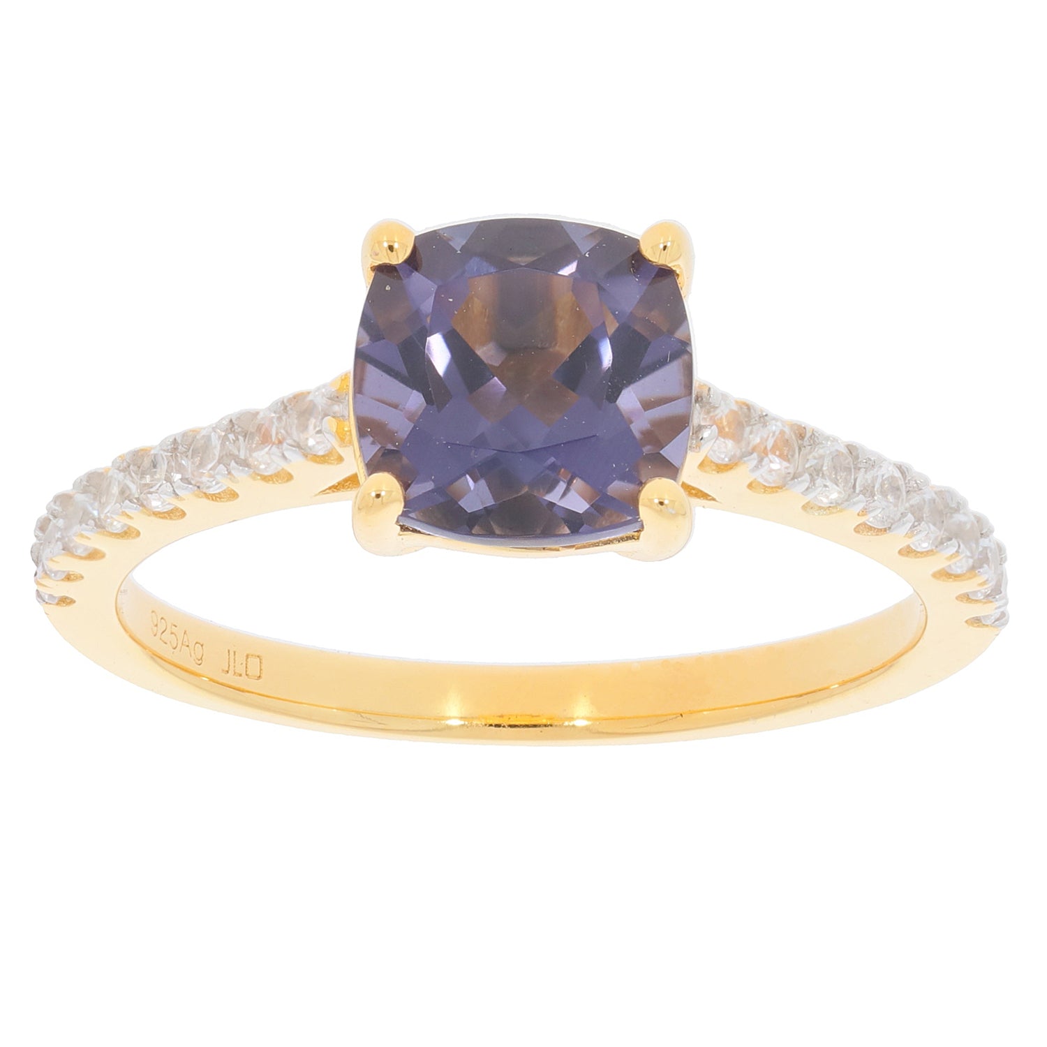 Purple sapphire sterling silver ring with moissanite accents, showcasing an elegant design and luxurious appeal.