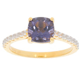 Purple sapphire sterling silver ring with moissanite accents, showcasing an elegant design and luxurious appeal.