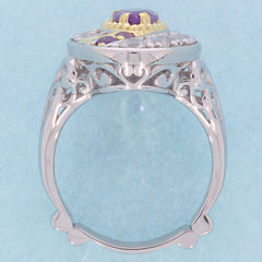 Elegant pear purple amethyst sterling silver ring showcasing intricate design and sparkling gemstone accents.