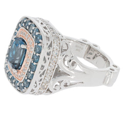 Cushion Blue London Topaz Sterling Silver Ring with Moissanite Accent in elegant setting