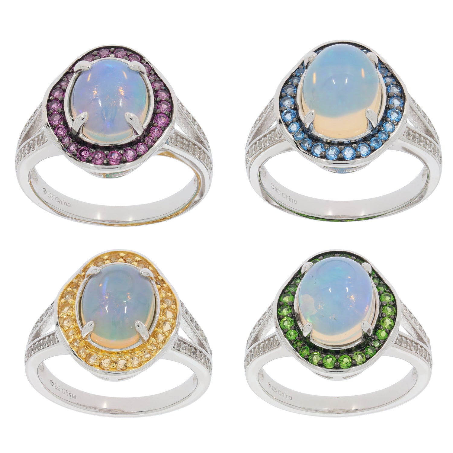 Four elegant sterling silver rings featuring oval white opals with colorful gemstone accents in purple, blue, yellow, and green.