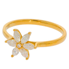 22K gold flower ring featuring marquise-cut gemstones and a sparkling center stone, perfect for elegant jewelry collections.