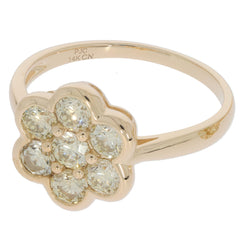 14K yellow gold flower ring featuring sparkling round stones in a floral design, showcasing elegance and luxury.