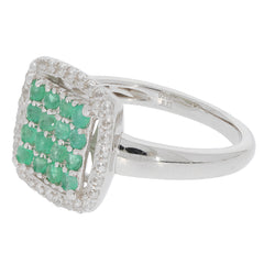 Green Emerald Sterling Silver Ring with sparkling accents, featuring a square design and luxurious gemstone arrangement.