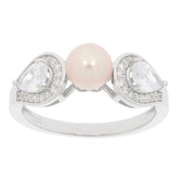 Elegant pink pearl sterling silver ring with sparkling gemstones, perfect for sophisticated style and luxury.