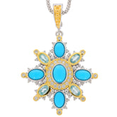 Oval blue turquoise pendant with accent stones, set in silver and gold, showcasing exquisite craftsmanship.