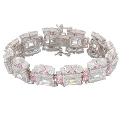 Emerald White Moissanite Sterling Silver Bracelet with pink accents, showcasing a luxurious design and brilliant gemstones.