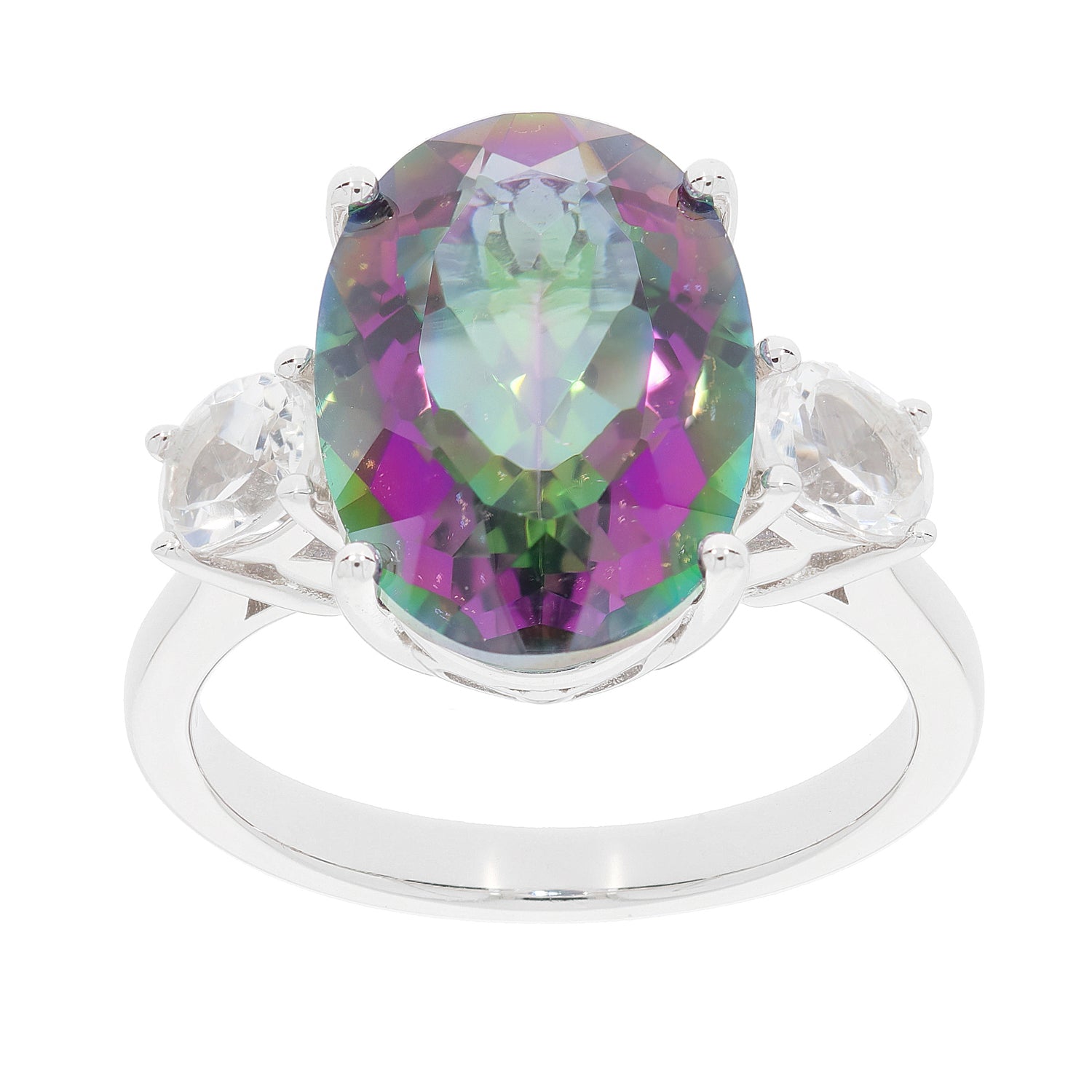 Oval Mystic Topaz Sterling Silver Ring with accent stones, showcasing vibrant colors in an elegant design.