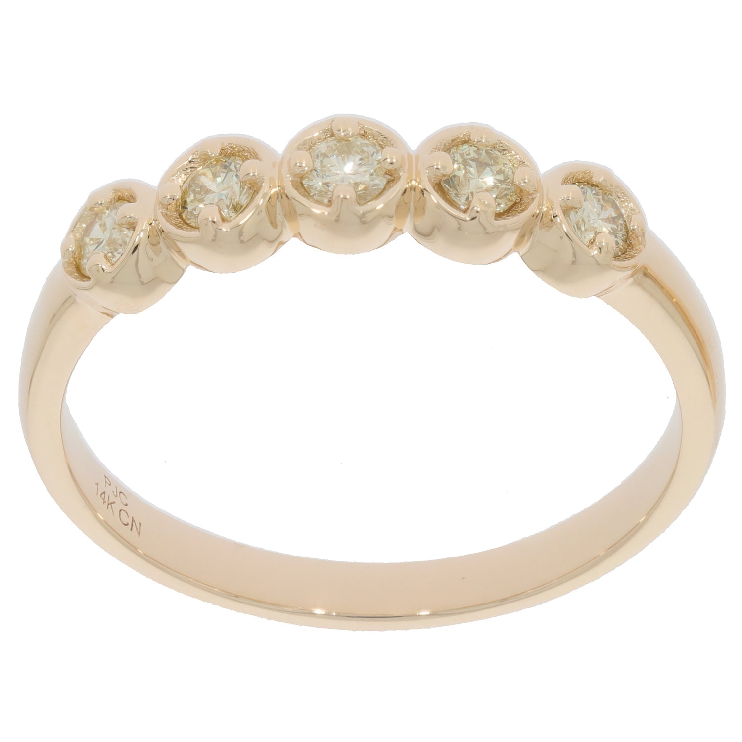 Round diamond band ring in 14K yellow gold, featuring five sparkling diamond accents for elegant style.