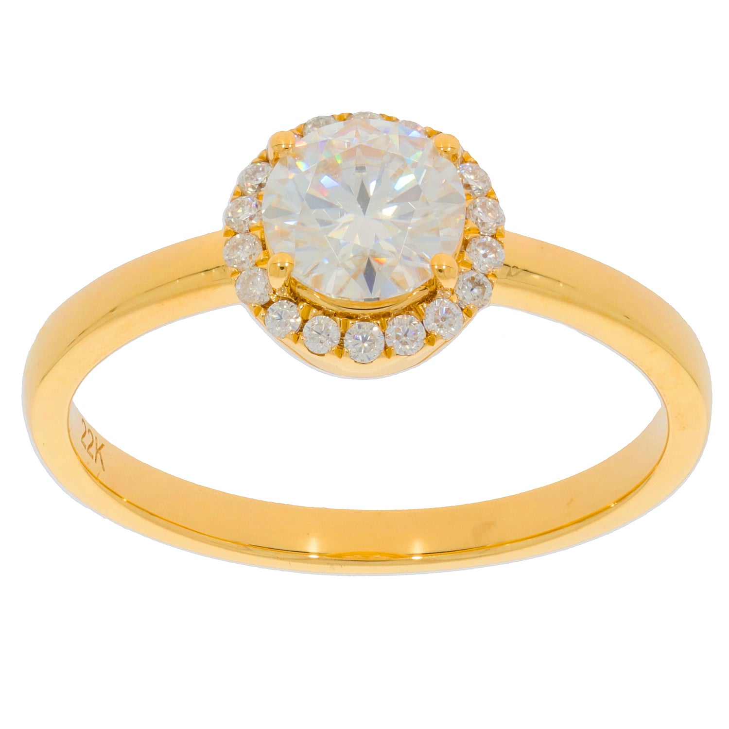 Elegant 14K yellow gold ring featuring a round white diamond center stone surrounded by diamond accents.