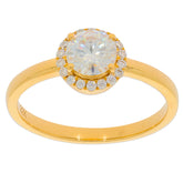 Elegant 14K yellow gold ring featuring a round white diamond center stone surrounded by diamond accents.