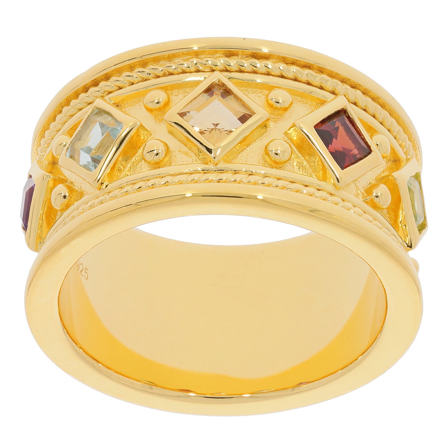 Elegant gold ring featuring Princess cut Amethyst, Citrine, Garnet, and Topaz gemstones in a textured band.