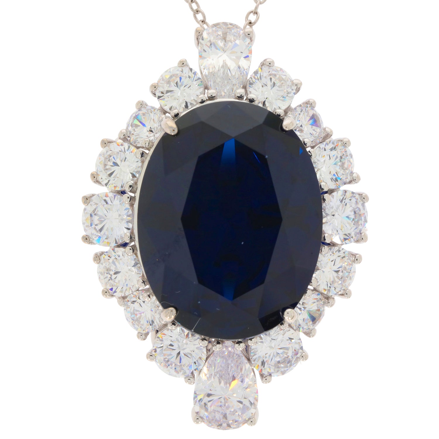 Oval blue sapphire sterling silver pendant surrounded by sparkling gemstones, perfect for elegant occasions.