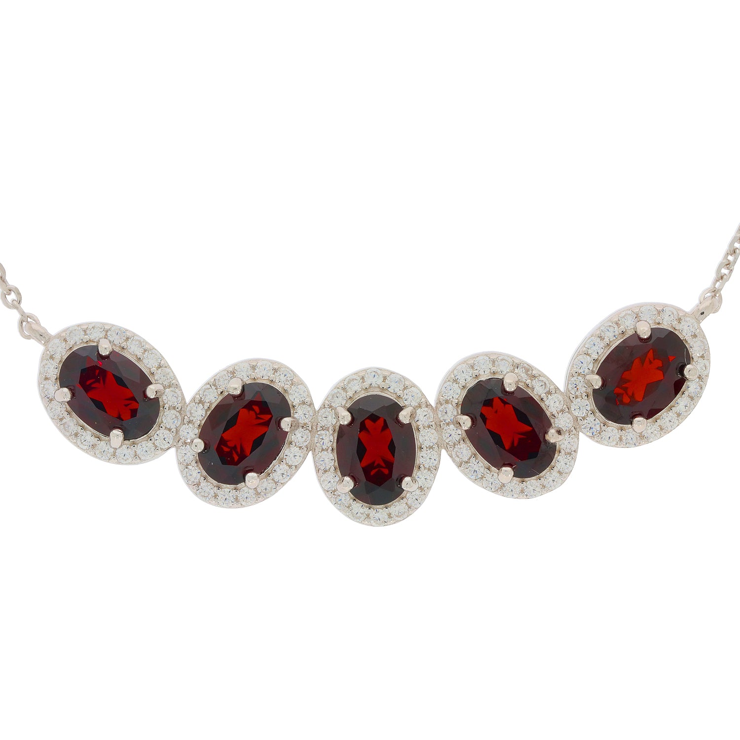 Elegant Oval Red Garnet Sterling Silver Necklace with sparkling accents, perfect for sophisticated style.