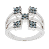 Blue diamond sterling silver ring with unique cross design, featuring sparkling gemstone accents.