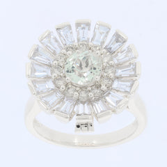 Round Green Amethyst sterling silver ring featuring a floral design with accent stones, perfect for elegant occasions.